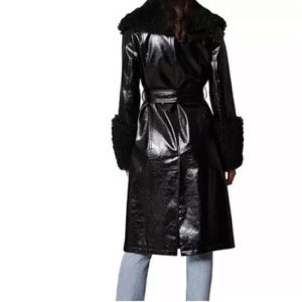 7 FOR ALL MANKIND vegan leather Patent Faux Fur Trimmed Trench Coat size M - Picture 9 of 11